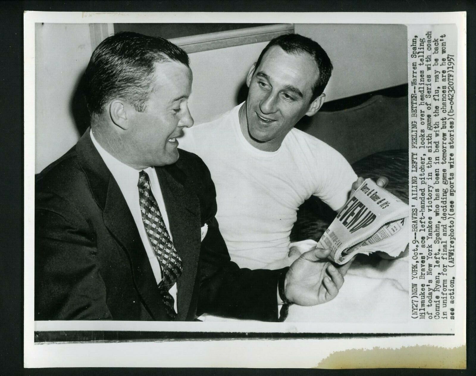 Warren Spahn & Coach Connie Ryan 1957 World Series Press Photo Poster painting Milwaukee Braves