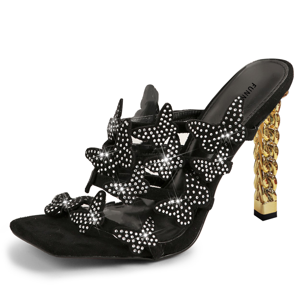 Black Rhinestone Butterfly Square Toe Decorative Heel Mules Sandals Nicepairs