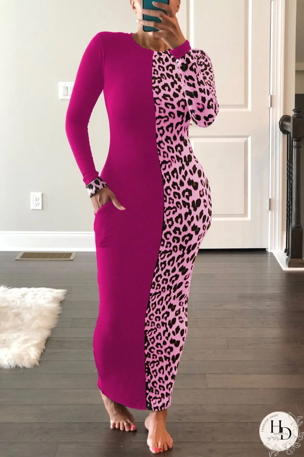 Rose Red Fashion Casual Print Leopard Split Joint O Neck Long Sleeve Dress