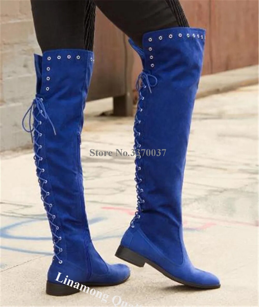 VCSHOES Suede Flat Long Boots Round Toe Blue Back Knee High Flat Boots Ladies Casual Big Size Boot