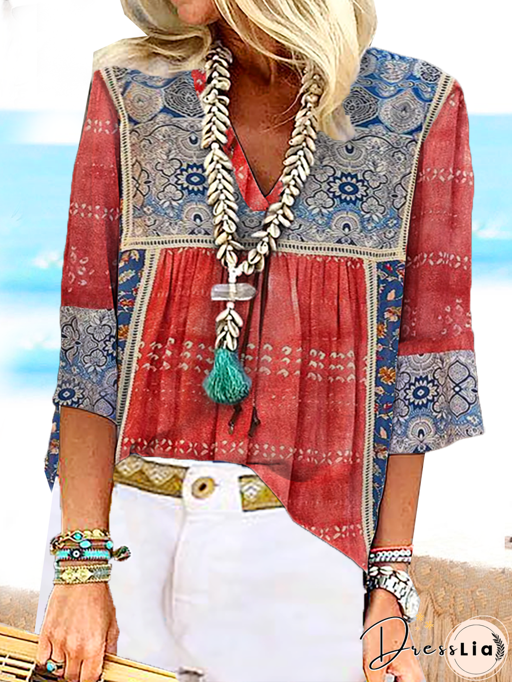 Boho V Neck Loosen Short Sleeve Tops