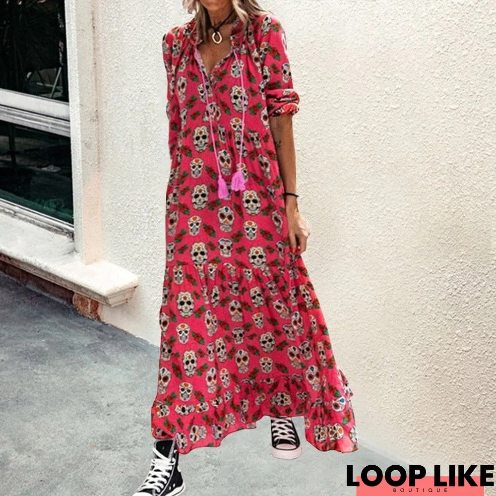 New Printed V-Neck Lace-Up Casual Bag Hip Middle Sleeve Dress
