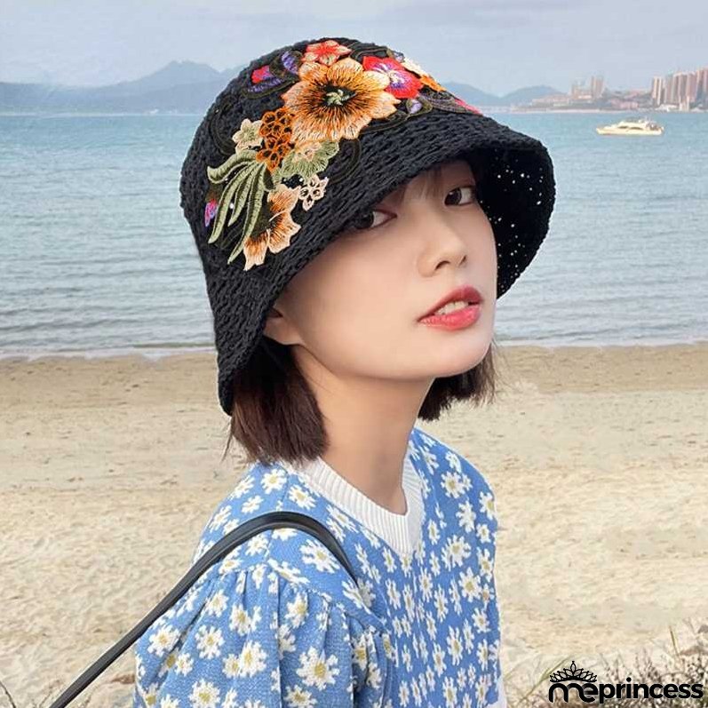 Ethnic embroidered flowers in summer breathable hollow sunscreen fisherman hat female sunshade Joker bucket hat Sun basin hat