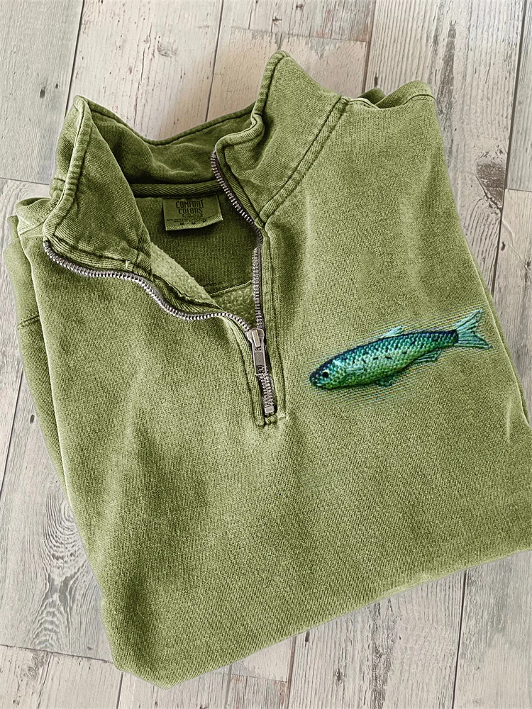Mackerel Lovely Embroidery Art Zip Up Sweatshirt