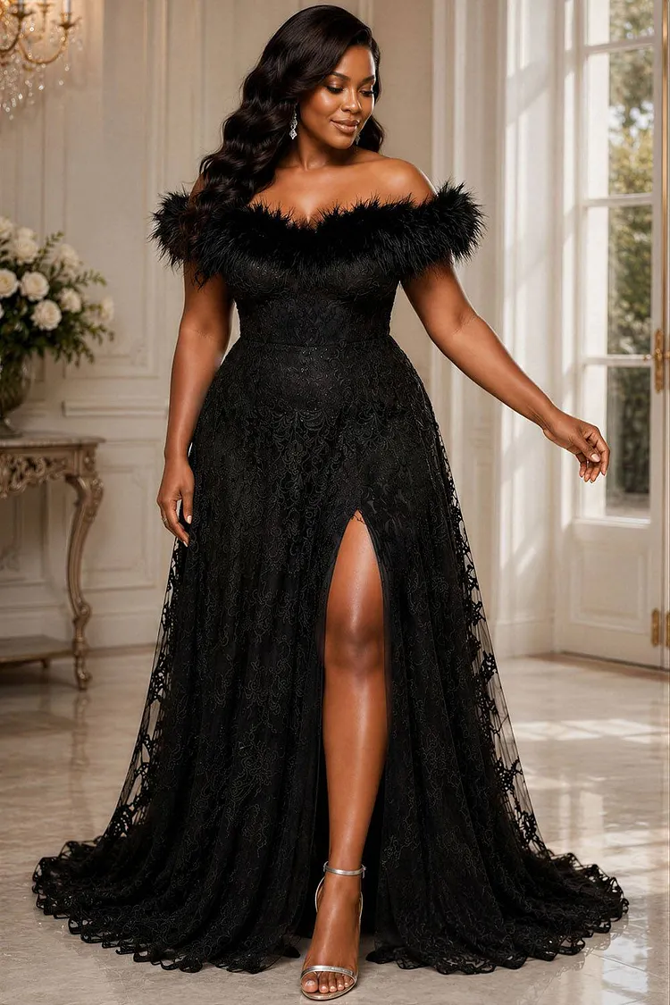 Xpluswear Design Plus Size Formal Black Off The Shoulder Feather Split Lace Maxi Dresses [Pre-Order] 2024 - Xpluswear