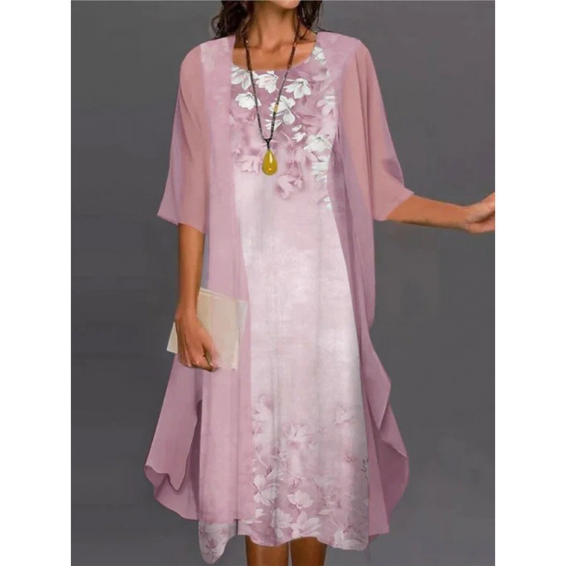 Plus Size Everyday Green Floral Leaf Print 3/4 Sleeve Two Piece Midi Dress With Jacket 2024 - Flycurvy 