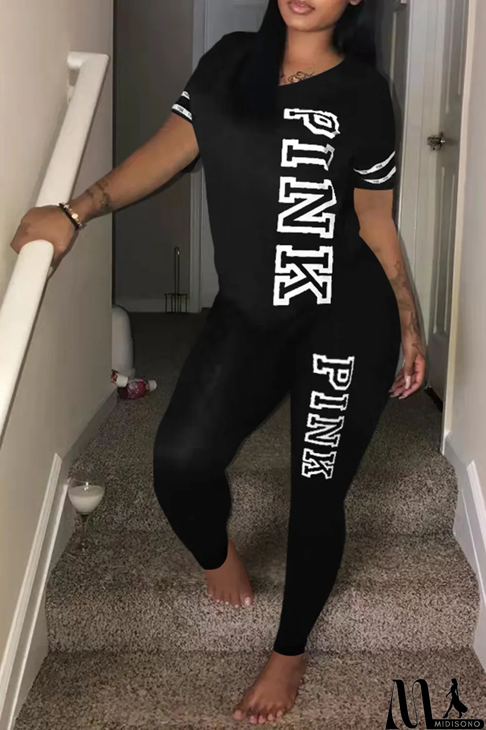 MidiSono - Green Casual Patchwork Letter O Neck Short Sleeve Two Pieces