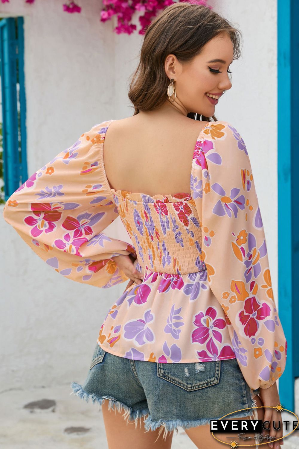 Pink Floral Print Smocked Long Sleeve Peplum Blouse