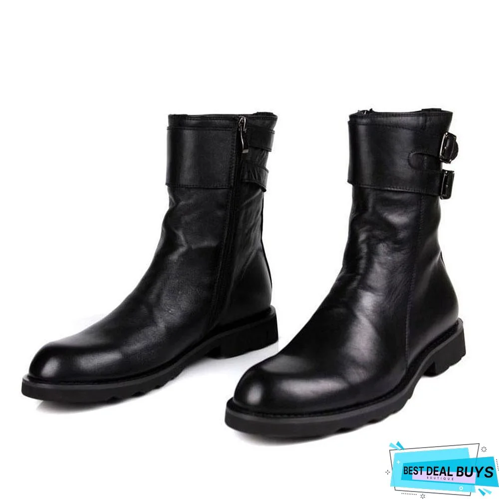 Buckle Design Mens Punk Motorcycle Boots Luxury Genuine Leather Flats Shoes Male High Top Casual Zip Boots
