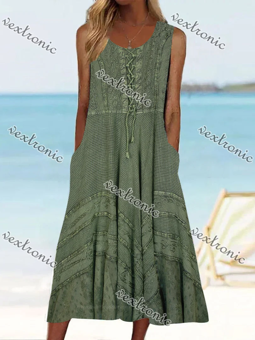 Women's Sleeveless Scoop Neck Pockets Graphic Printed Midi Dress