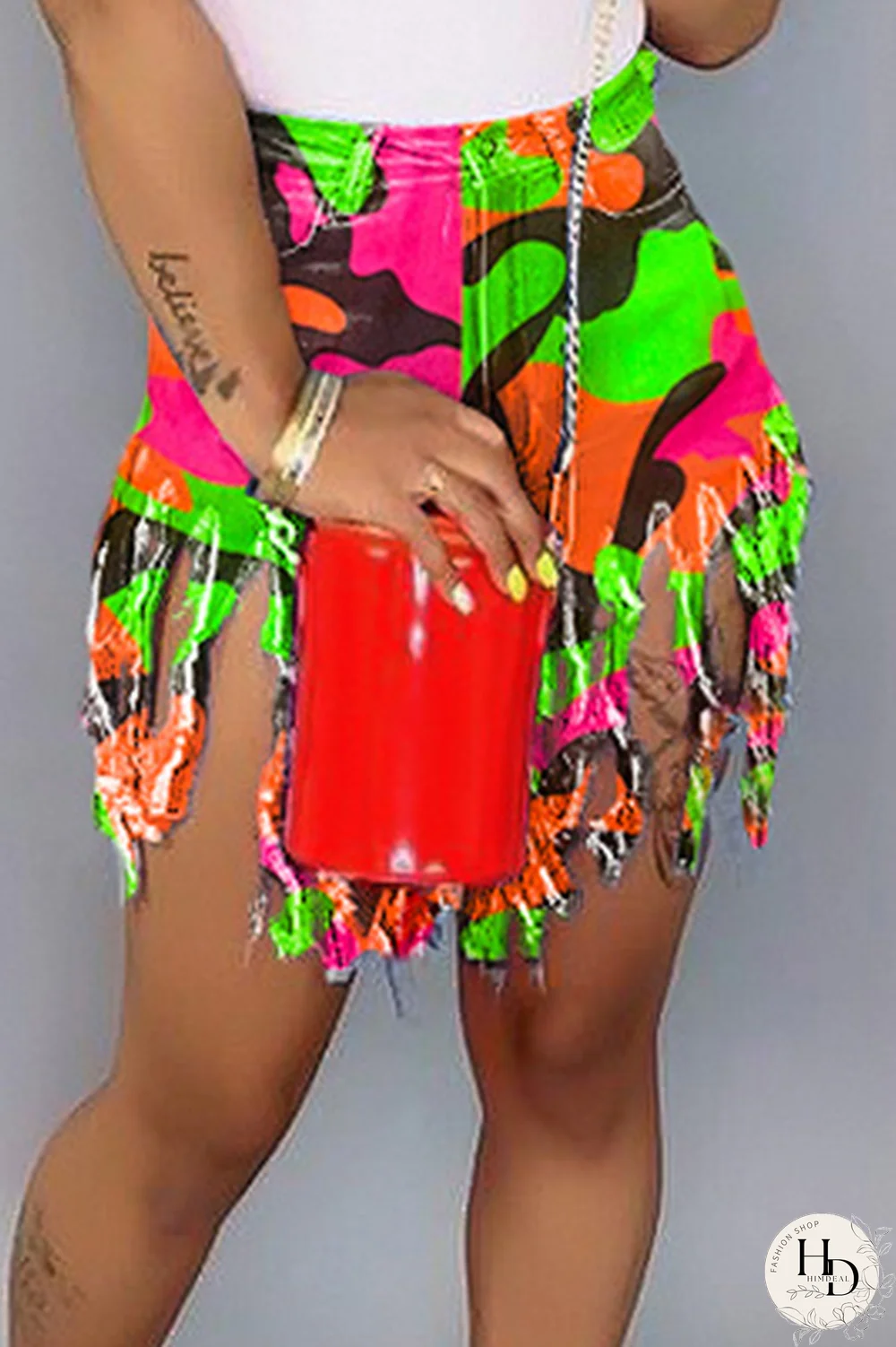 Blue Denim Button Fly Zipper Fly Mid Solid Patchwork Tassel Straight shorts