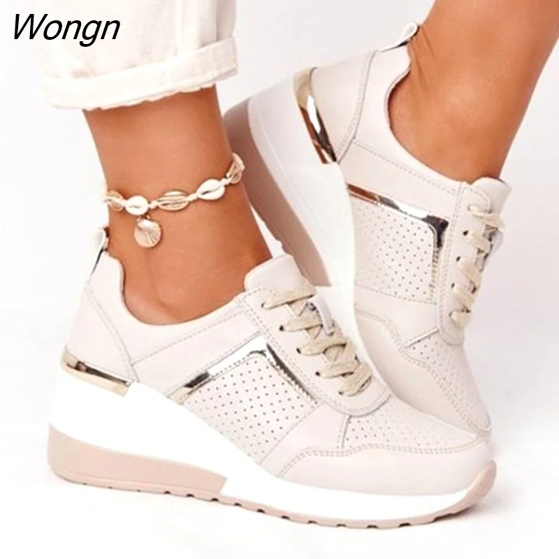Wongn Women Sneakers Lace-Up Wedge Sports Shoes Women's Vulcanized Shoes Casual Platform Ladies Sneakers Comfy Females Footwear туфли