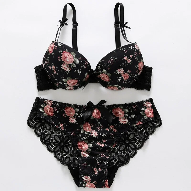 Billionm Sale Underwear Sexy Lace Push Up Bra Set Women Flowers Decorate Bow Brassiere and Panties Europe B C Cup Plus Size Lingerie