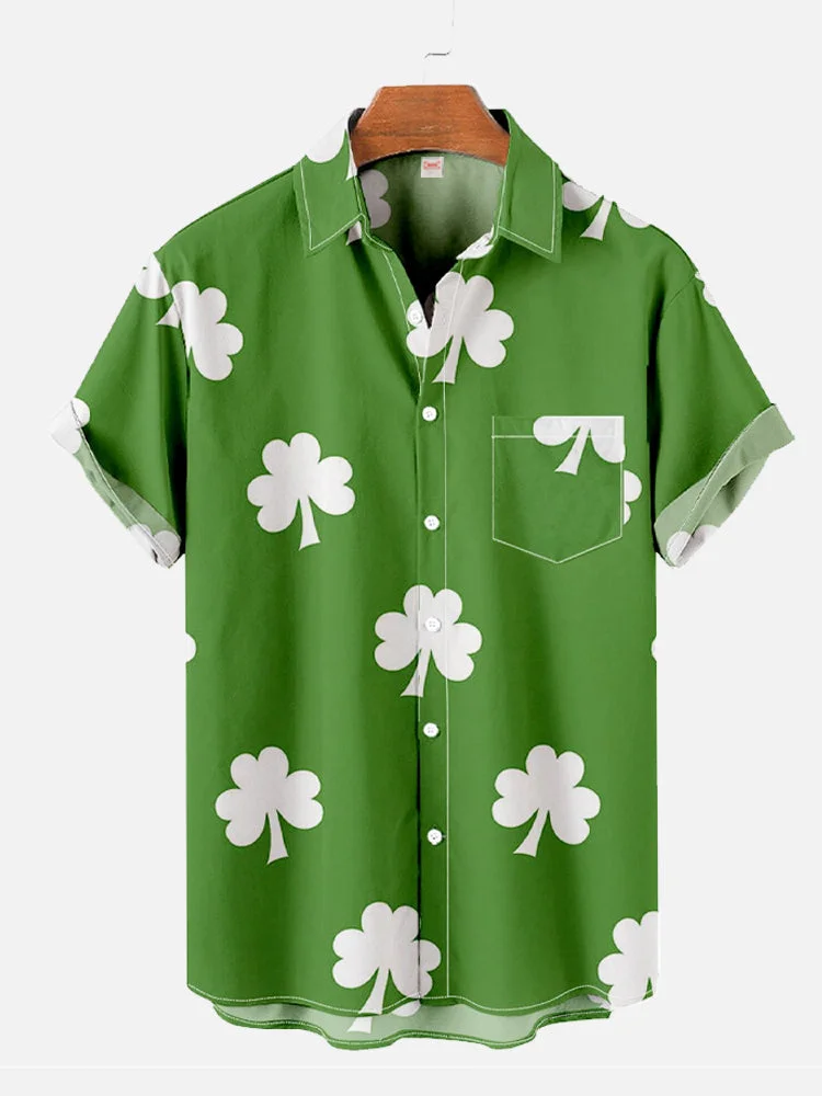 St. Patricks Day Vacation Green And White Clovers Printing Hawaiian Short Sleeve Shirt