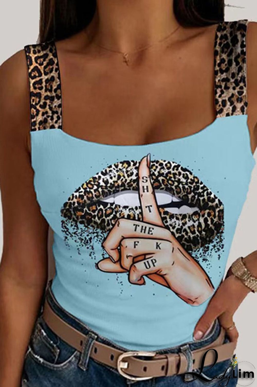 White Casual Print Split Joint Spaghetti Strap Tops
