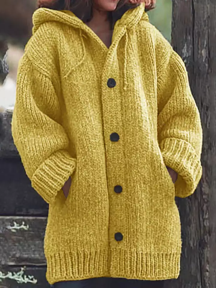 Women plus size clothing Warm Women Long Sleeve Hooded With Pockets Sweater Coats - Yellow-Nordswear