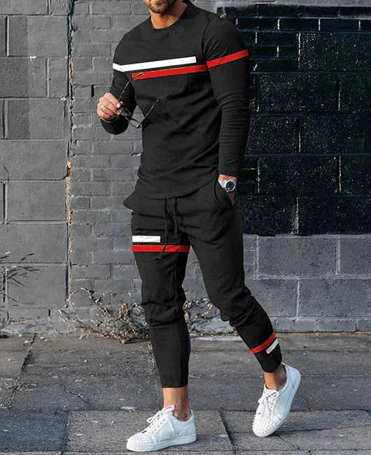 Striped Print Crew Neck Pullover & Pants Set Okaywear