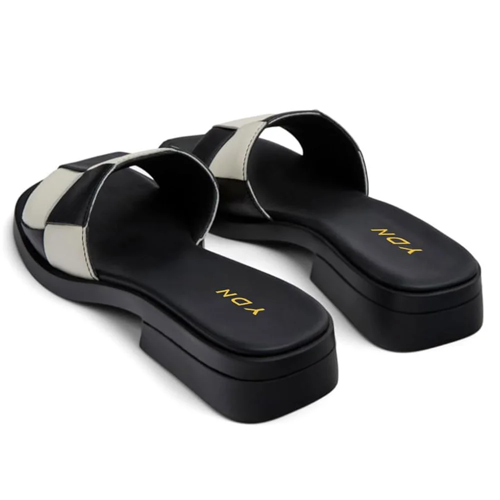 Black & White Patchwork Square Toe Slip On Sandals with Chunky Heel