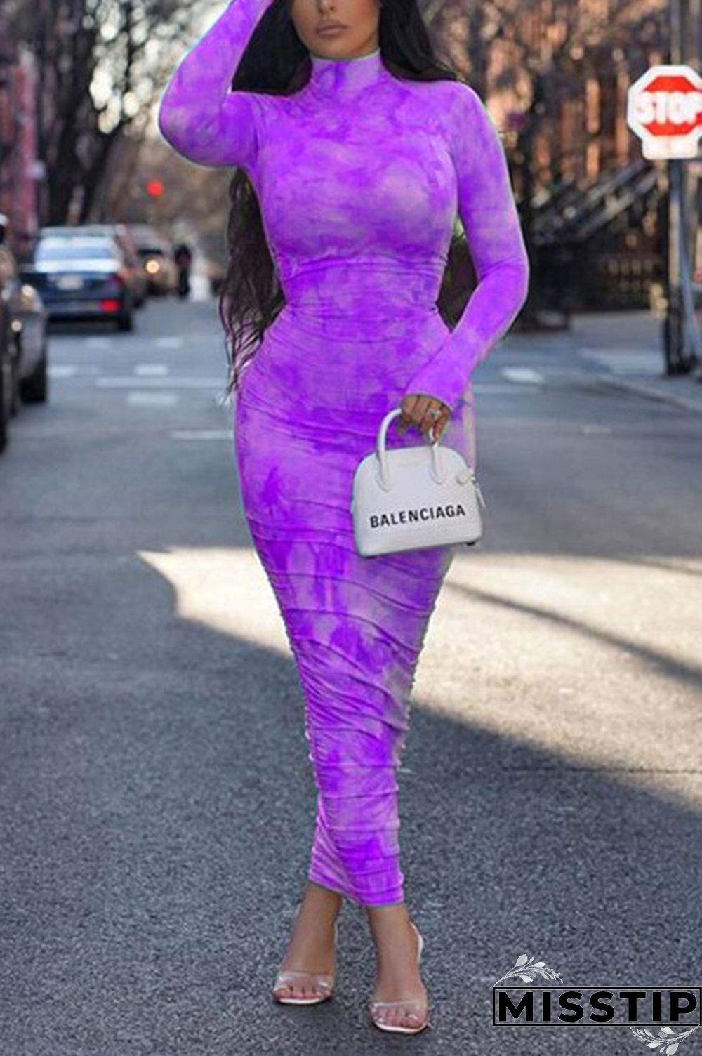 Pink Fashion Sexy Print Turtleneck Dress