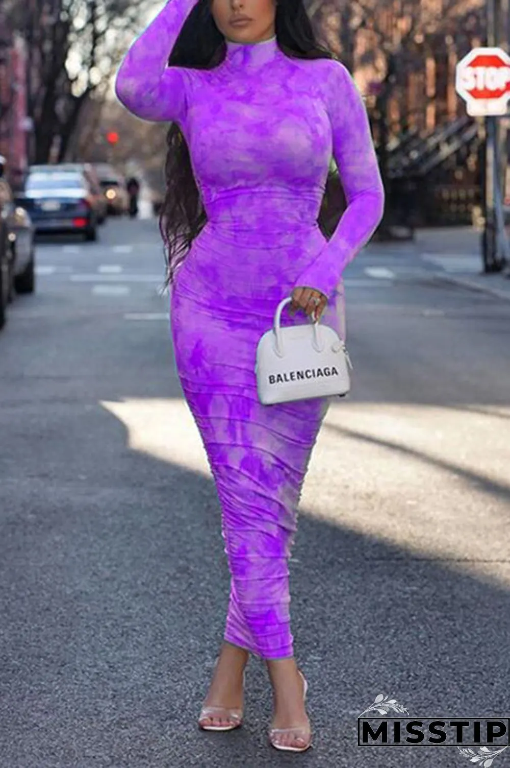 Pink Fashion Sexy Print Turtleneck Dress
