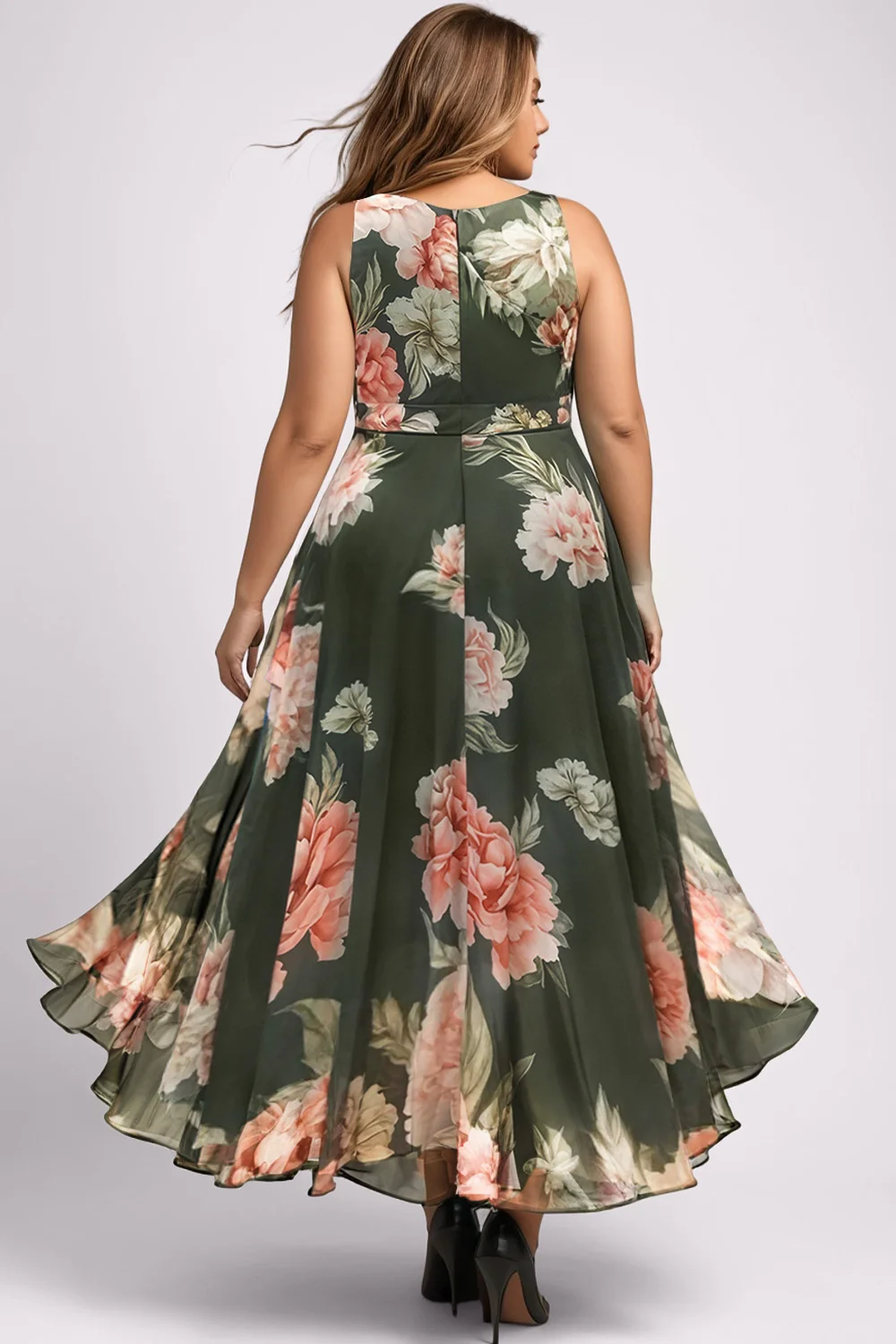 Flycurvy Plus Size Wedding Guest Green Chiffon Wrap Floral Print High Low Hem Cami Maxi Dress- Flycurvy Flycurvy Plus Size Wedding Guest Green Chiffon Wrap Floral Print High Low Hem Cami Maxi Dress- Flycurvy