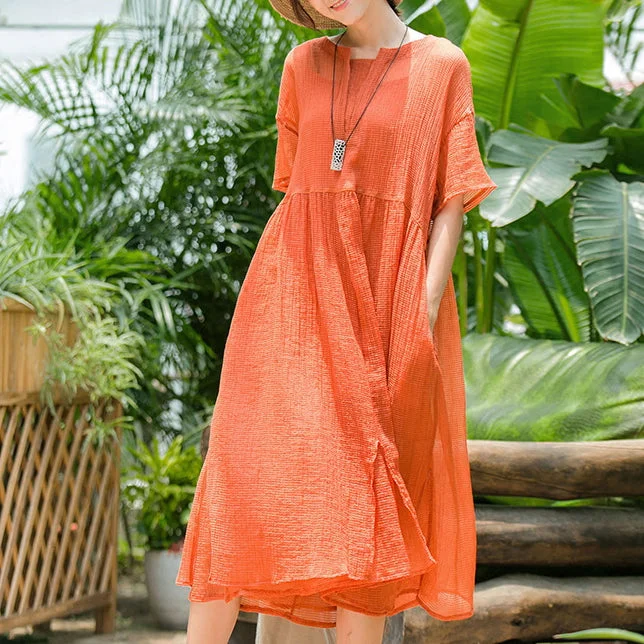 vintage orange long cotton blended dress plus size clothing v neck baggy two pieces cotton blended gown New short sleeve dresses