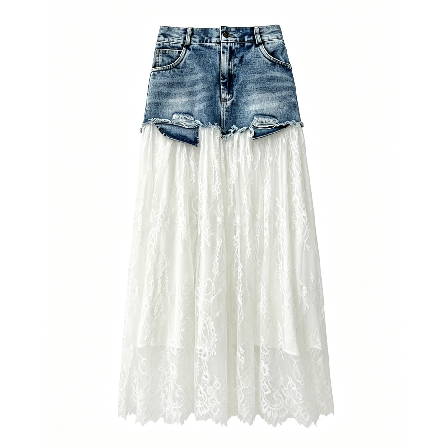 Personalized denim splicing lace skirt