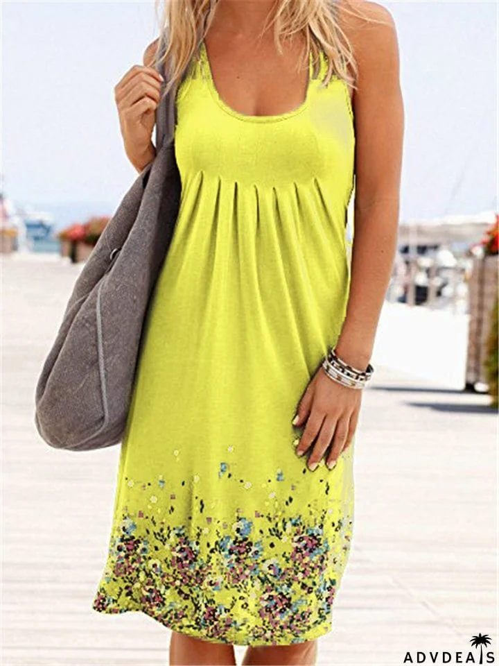 Comfy Loose Floral Print O-Neck Sleeveless Dresses