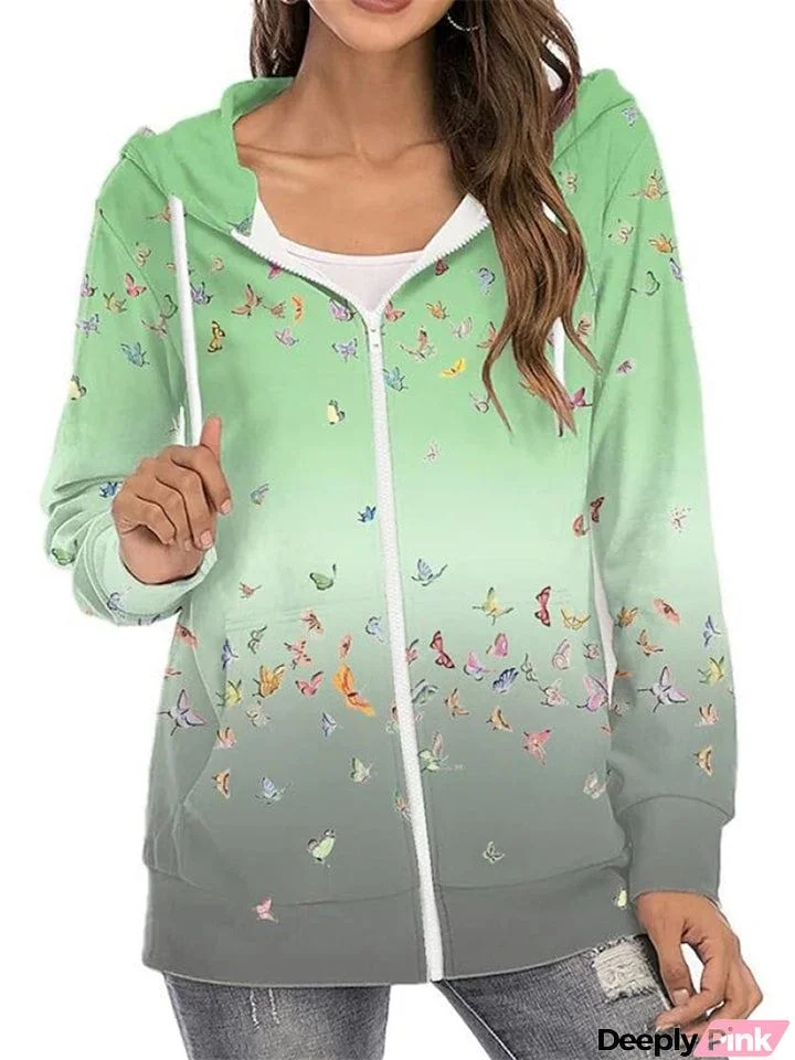 Casual Printed Zipper Long Sleeve Hoodies