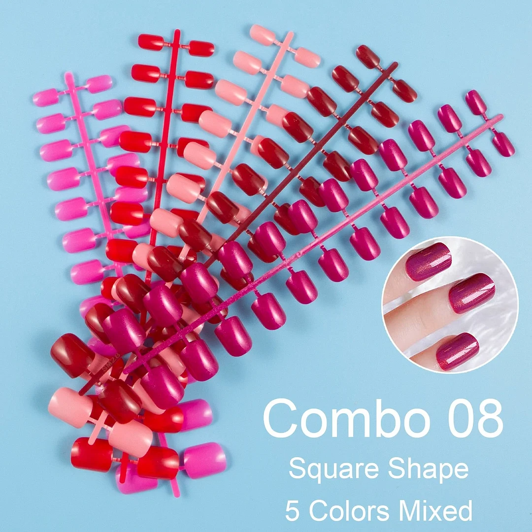 24 Pieces/Set, 5 Sets Mixed Colors Short Square False Nail Tips Press on Fake Nail Tips 10 Sizes Full Cover Nails Combo 09-Nail Inspo