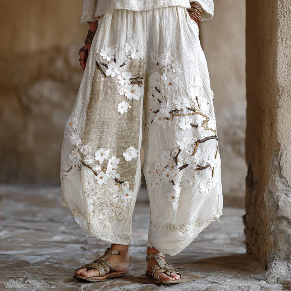 Vintage White Cherry Blossom Embroidery Art Blend Cotton Linen Casual Pants elevenforest