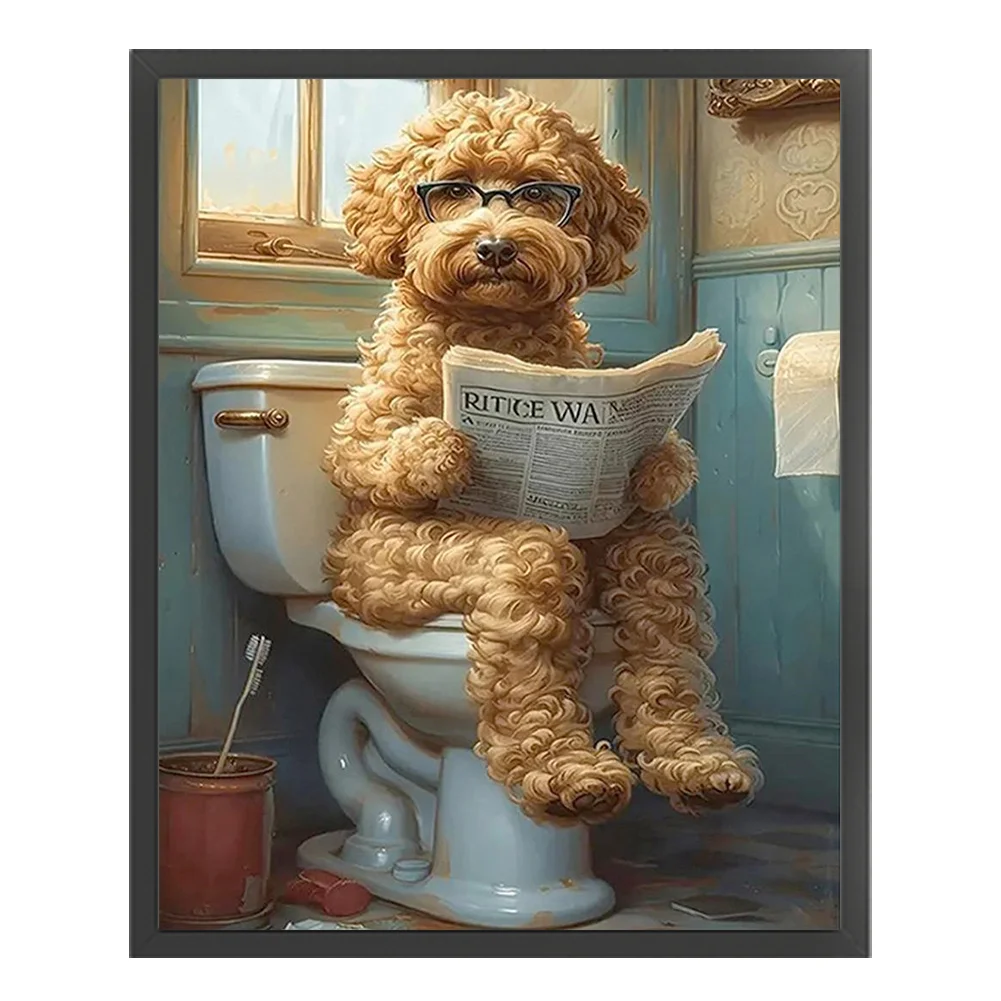 11CT Full Stamped Cross Stitch - Puppy Reading Newspaper In Toilet (40*50cm)