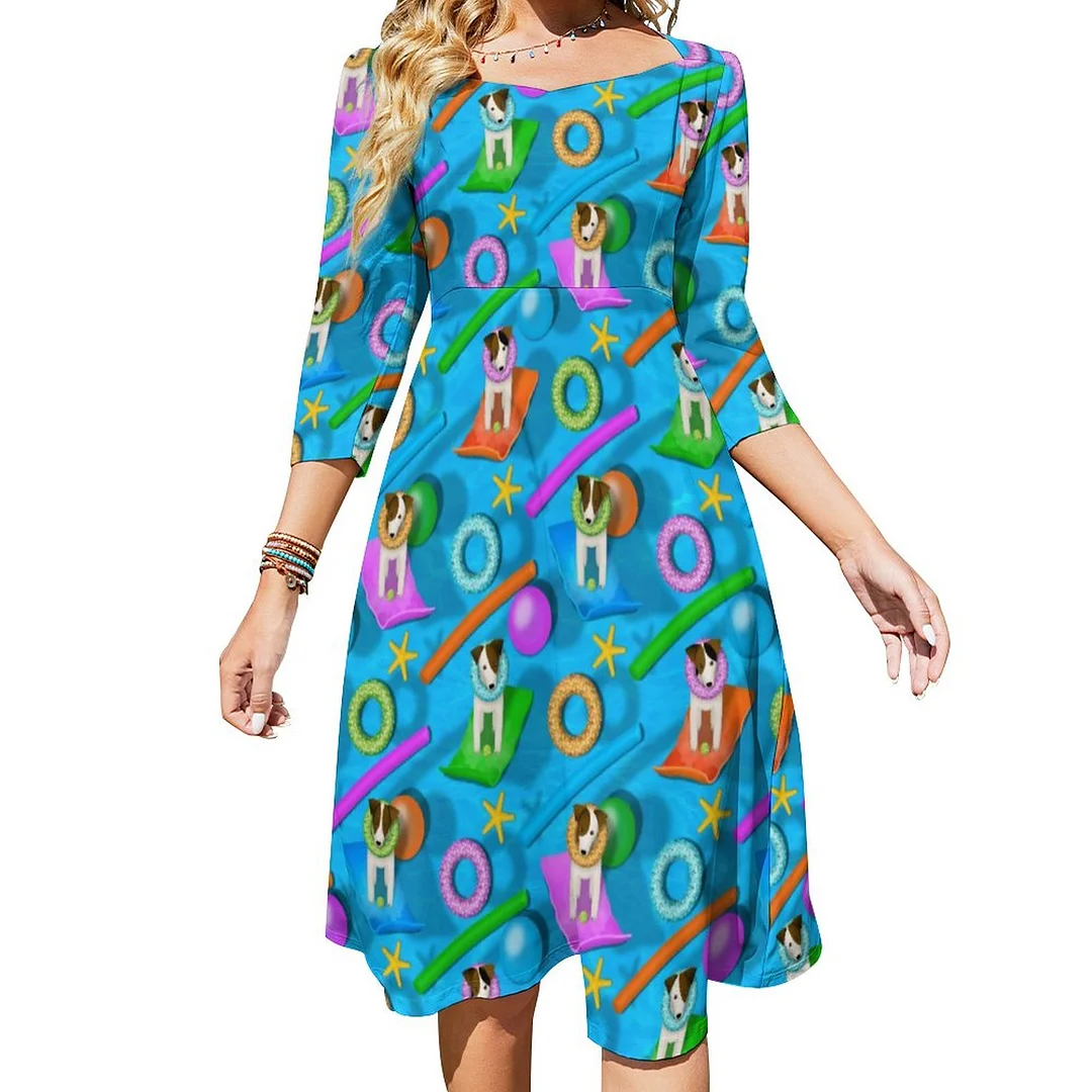Parson Jack Russell Terrier Dog Pool Party Pattern Dress Sweetheart Tie Back Flared 3/4 Sleeve Midi Dresses