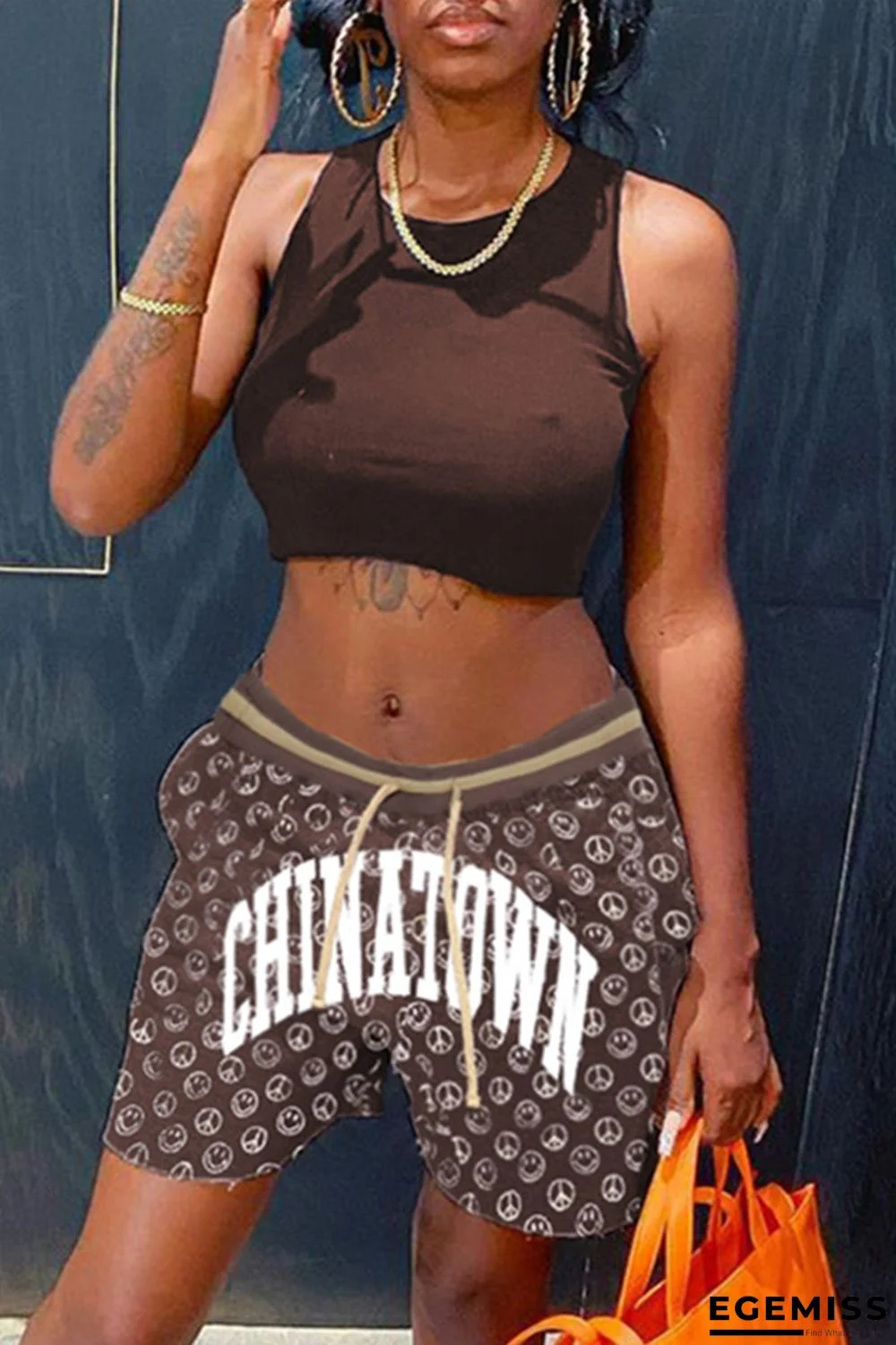 Brown Fashion Casual Letter Print Vests O Neck Sleeveless Two Pieces | EGEMISS