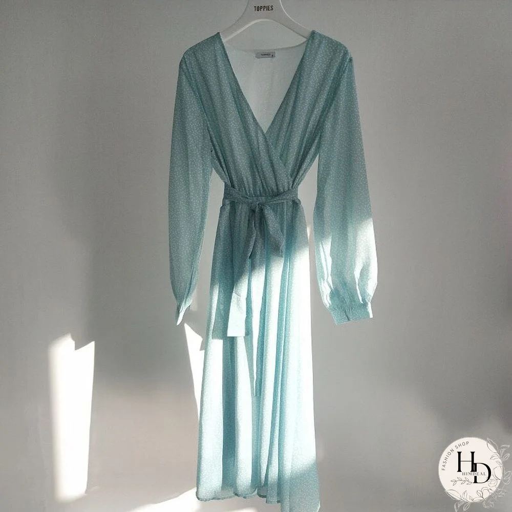 Toppies Women Dress Heart Print vestidos Wrap around v neck Long sleeve Fashion Pink Chiffon Dresses