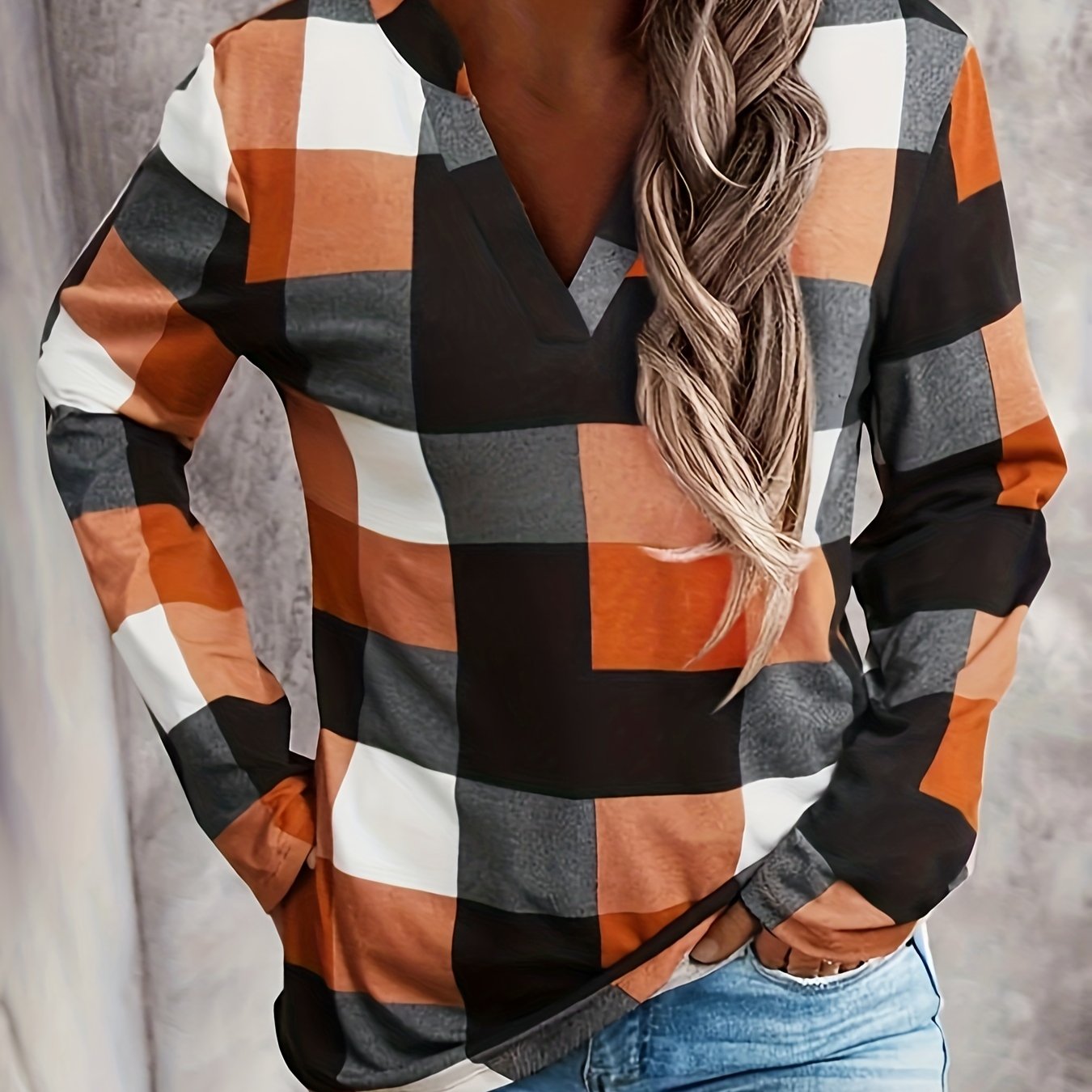 Plaid Pattern V Neck T-shirt, Casual Long Sleeve Top For Spring & Fall, Women's Clothing