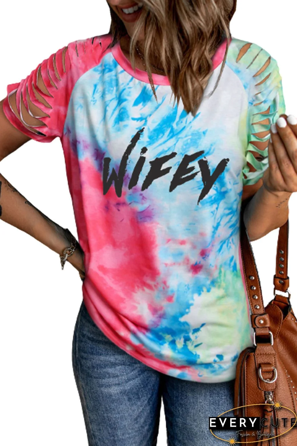 Red WIFEY Tie Dye Print Cut Out Short Sleeve T-shirt