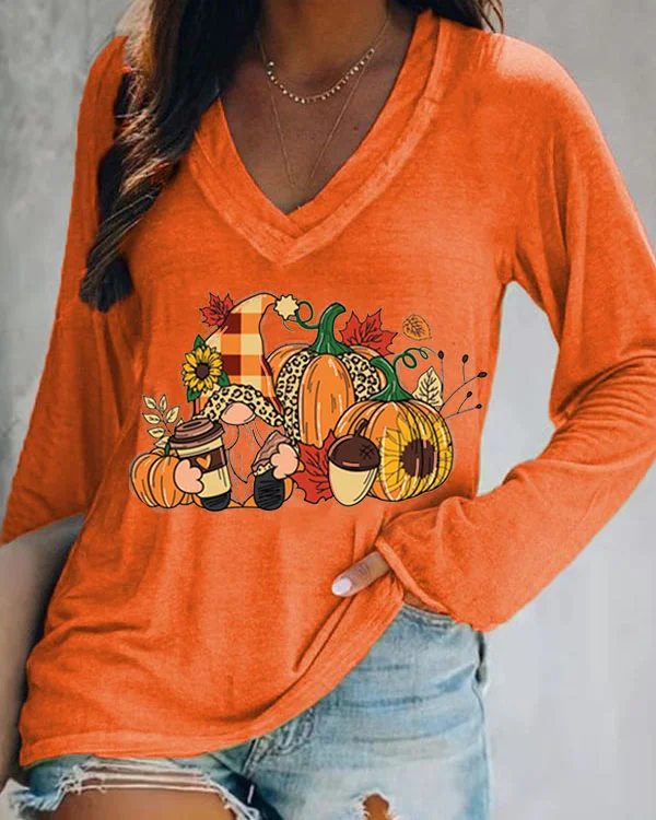 Fall Gnome Hello Fall Thanksgiving Print Orange Top