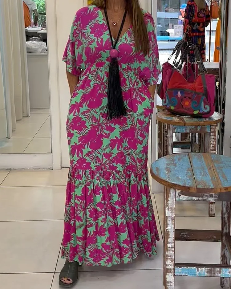 V-Neck Printed Short Sleeve Dress
