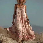 Boho Pink Roses Floral Embroidered Flowy Linen Maxi Dress - Image 2