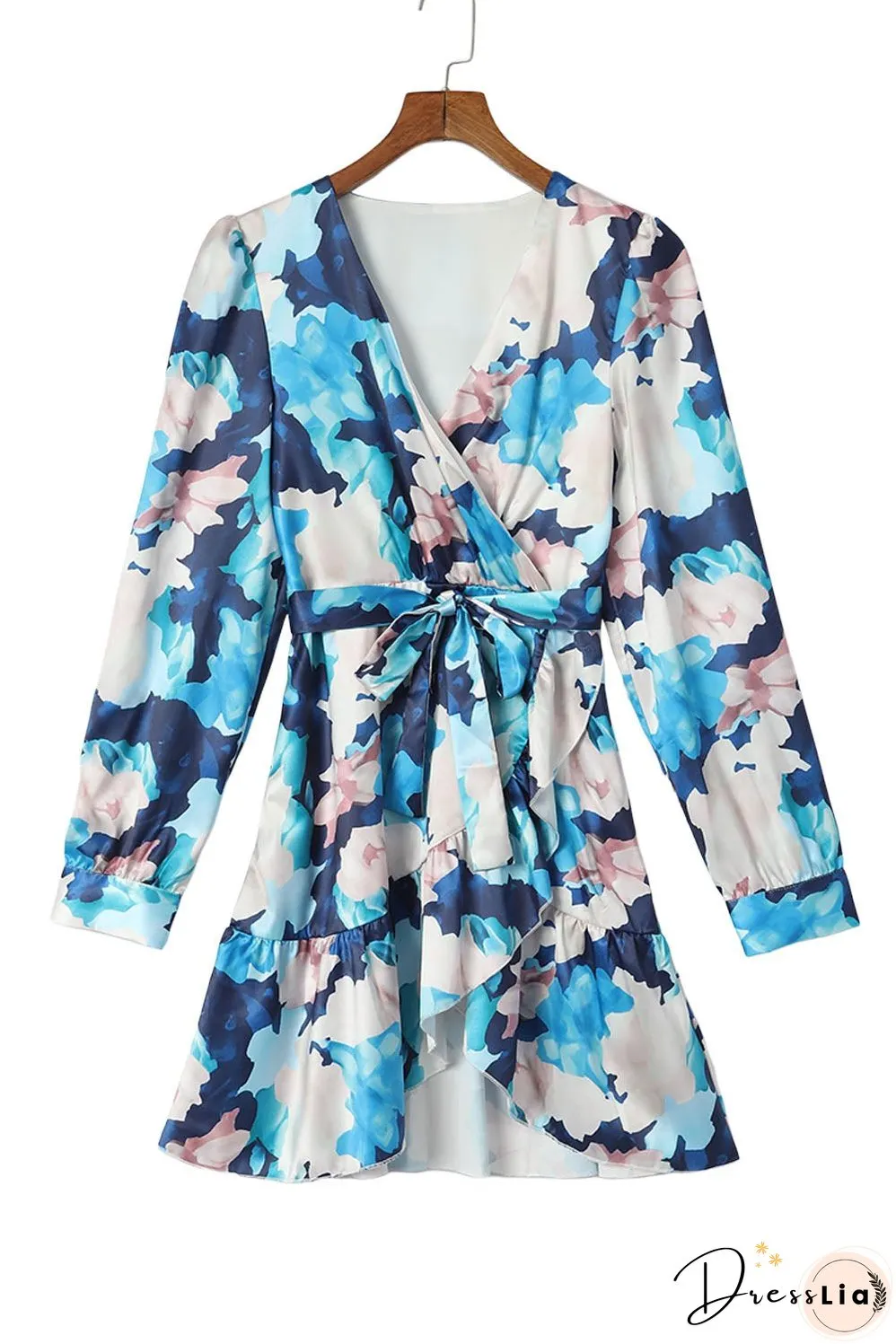 Abstract Floral Long Sleeve Tied Ruffle Dress