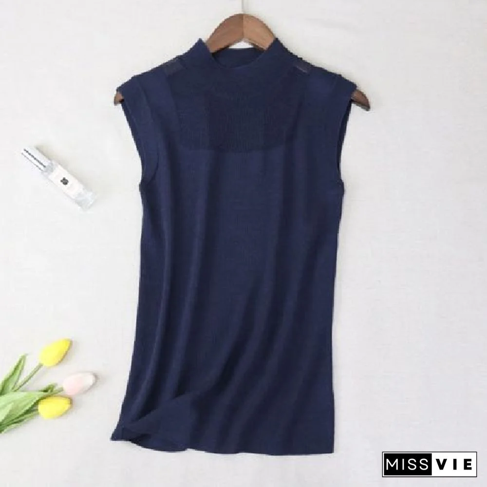 Hollow Out Sleeveless Women Knitted T Shirts Turtleneck Black Lace Sexy Lady Vest T Shirts Pink Loose Summer Thin Knit Tops