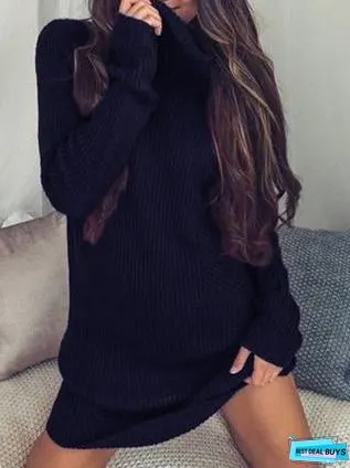 Fashion Long Sleeve Casual High Neck Striped Knit Sweater Dress