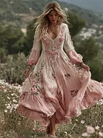 Women's Bohemian Rose Lace V-neck Maxi Dress