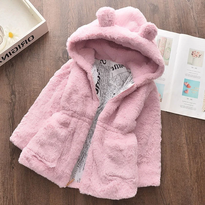 Bear Leader Girls Coats 2022 New Winter Fashion Rabbit Ears Fur Coat Hooded Full Sleeve Thickness Kids Coats for 2T-7T