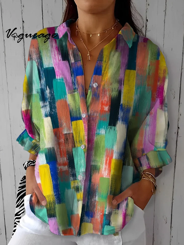 Fashion Colorful Block Stitching Printed Cotton And Linen Shirt