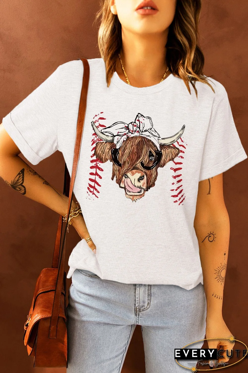 White Western Cow Head Baseball Print Graphic T Shirt