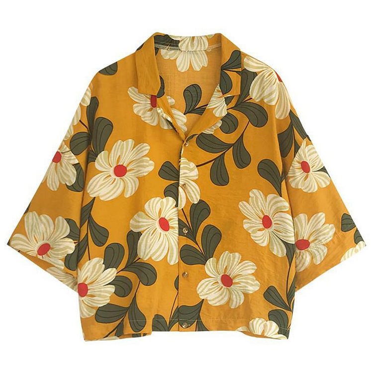 Vintage Blossom Print Casual T-Shirt  - Modakawa modakawa