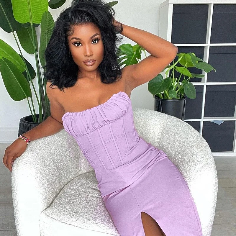 Solid Strapless Sleeveless Pleated Slit Midi Dress 2023 New Bodycon Fashion Evening  Elegant Off Ice Ladye