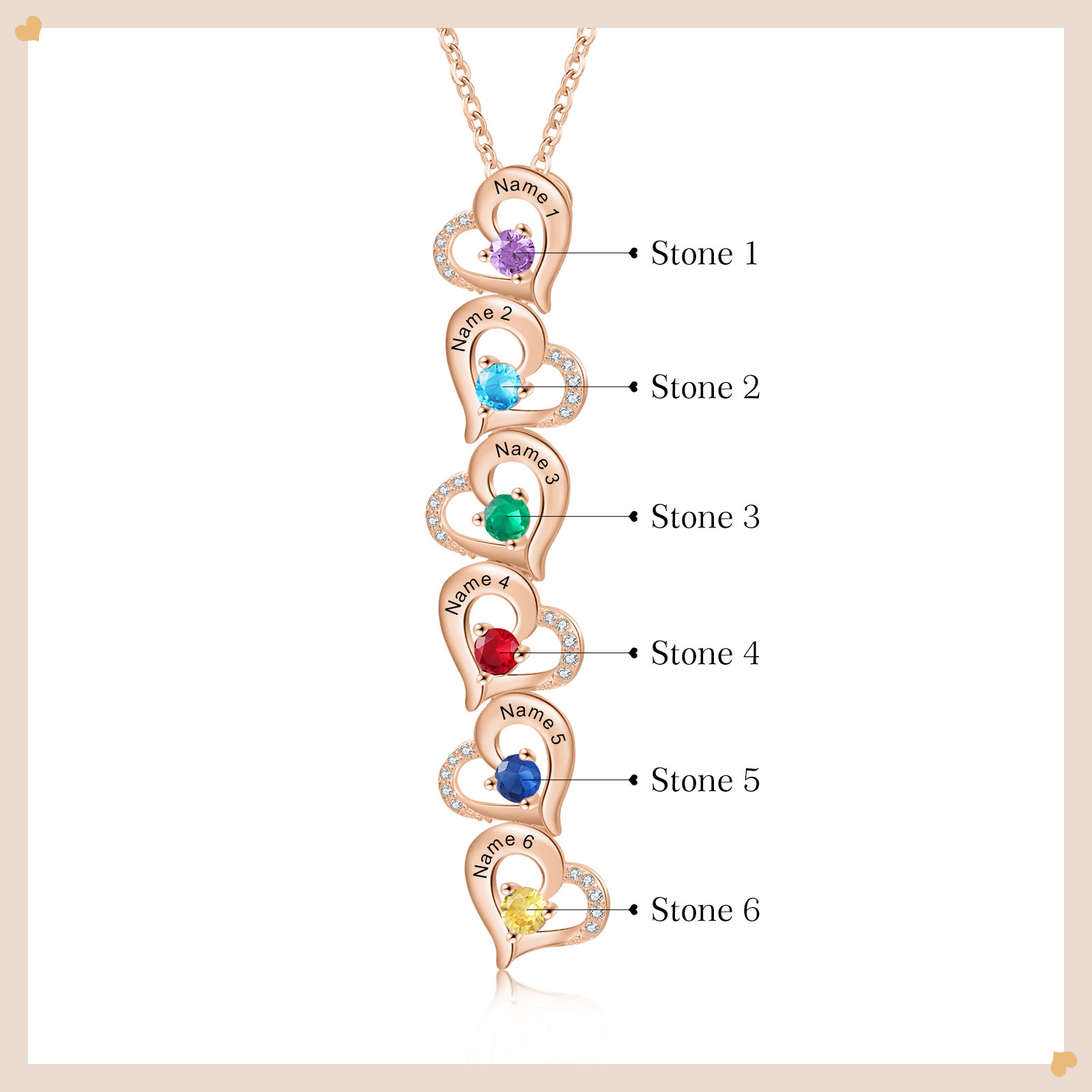 6 Names - Personalised Heart Pendant Necklace Custom Birthstones & Names Necklace Birthday Gift for Her -Jessemade AU